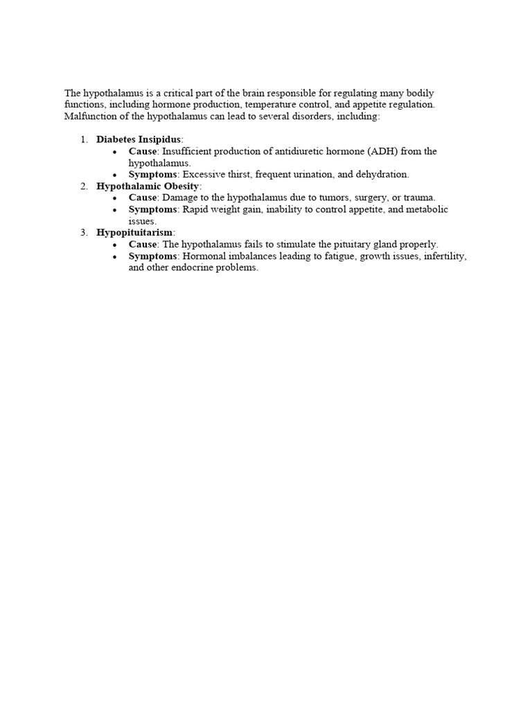 Hypothalamus Disorders and Symptoms | PDF