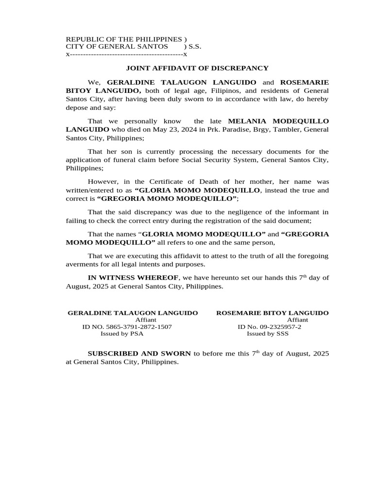 Affidavit of Discrepancy for Melania | PDF