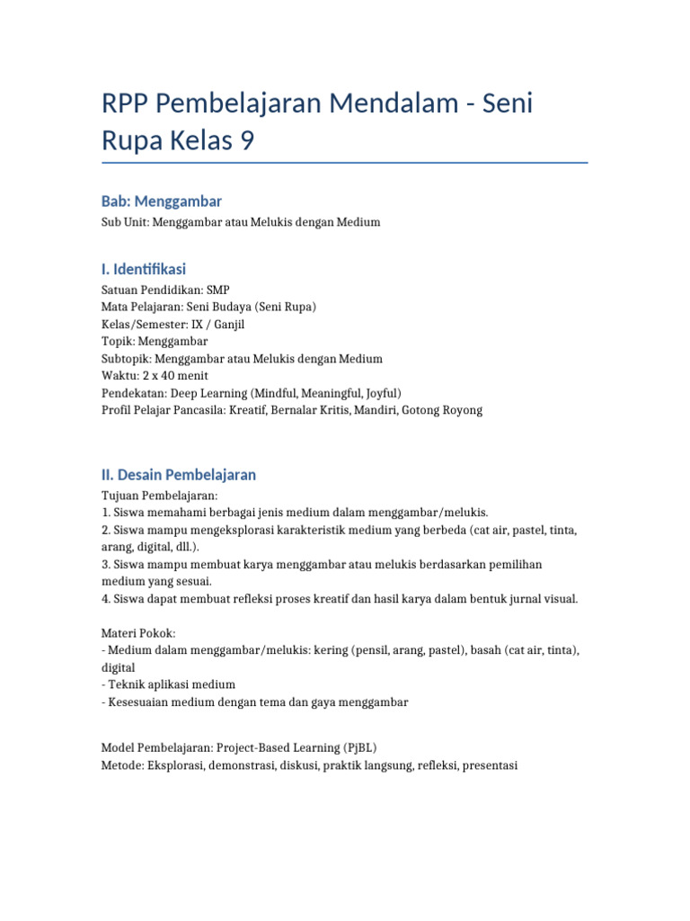 RPP Seni Rupa Kelas 9: Menggambar Medium | PDF