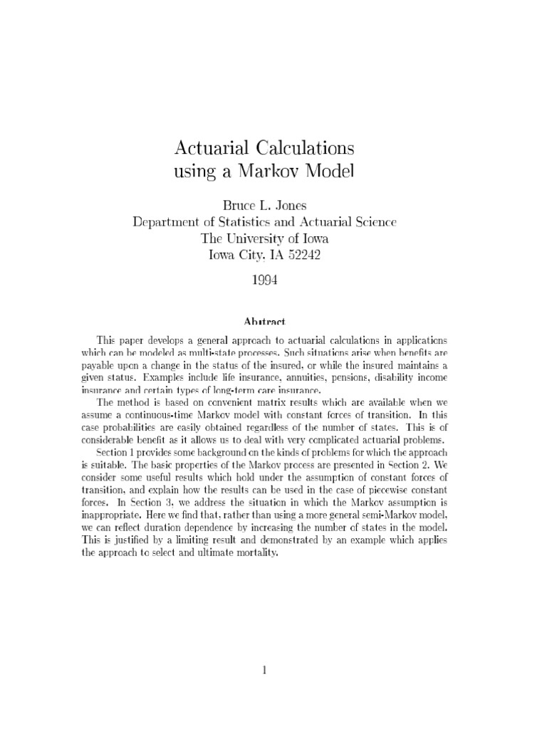 Actuarial Calculations Using A Markov Model | PDF