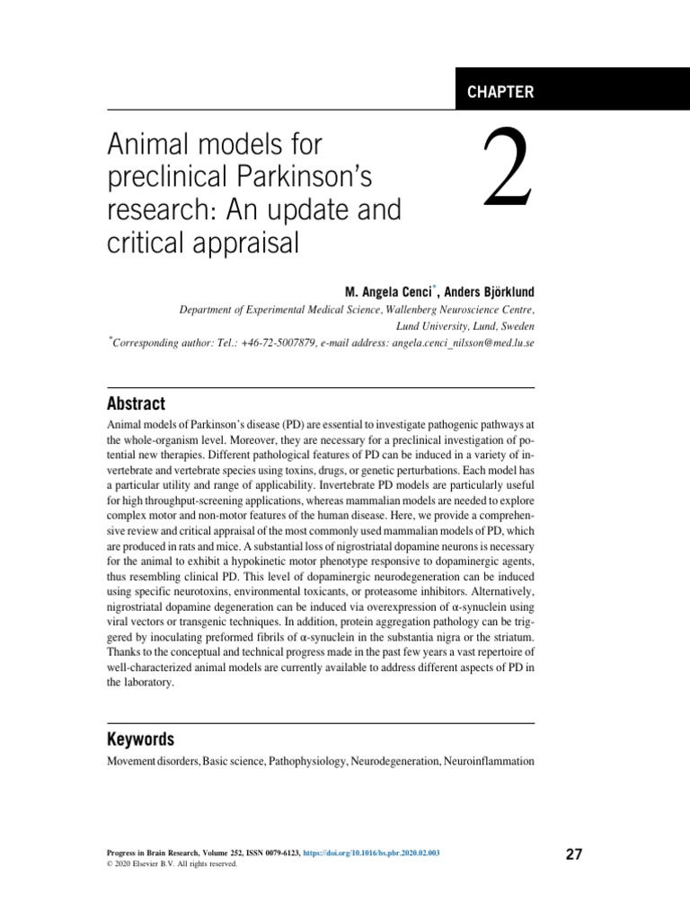 Chapter 2 Animal Models For Preclinical Parkinson S Re 2020 Progress in ...