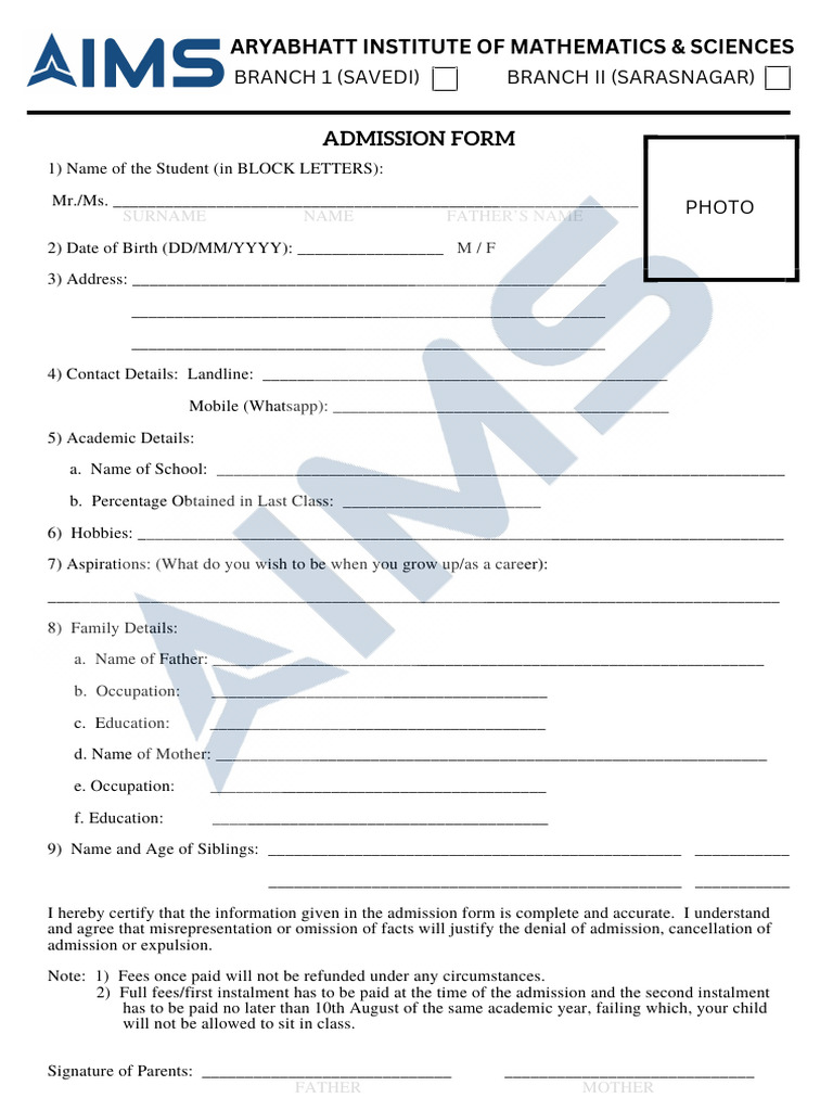 AIMS Admission Form Details | PDF