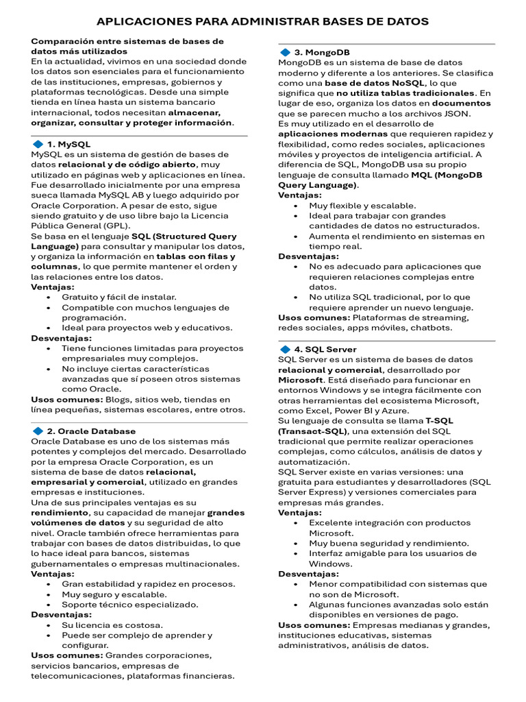 Comparativa de Sistemas de Bases de Datos | PDF | Bases de datos | Mi sql
