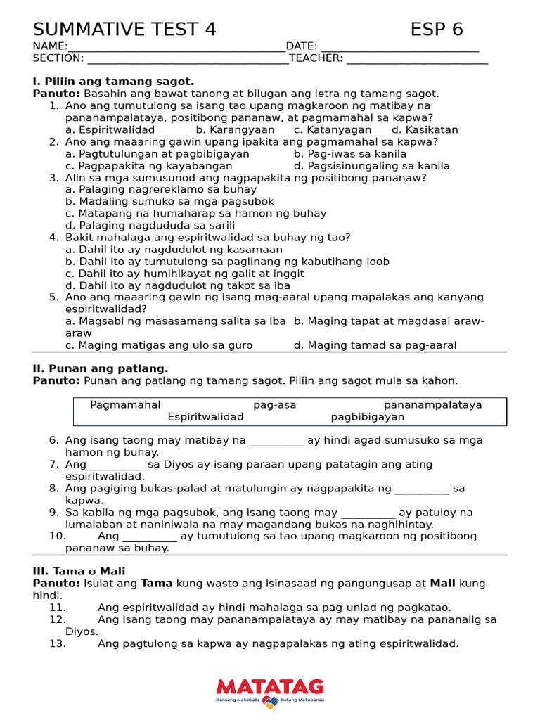 Esp 6 Summative 04 | PDF