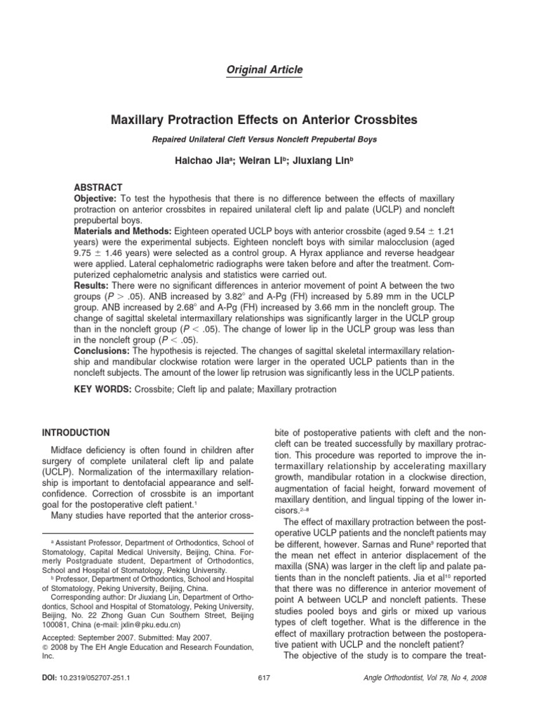 Maxillary Protraction in Cleft vs. Noncleft Boys | PDF | Orthodontics ...