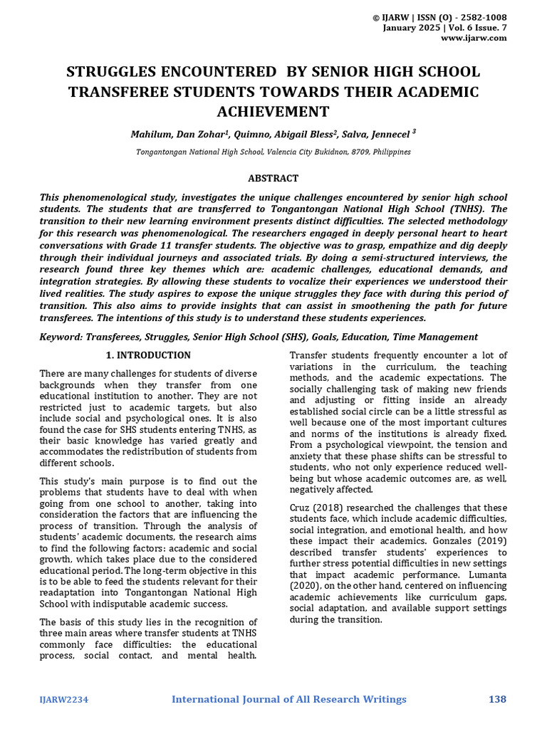 Challenges Faced by TNHS Transfer Students | PDF | Motivational ...
