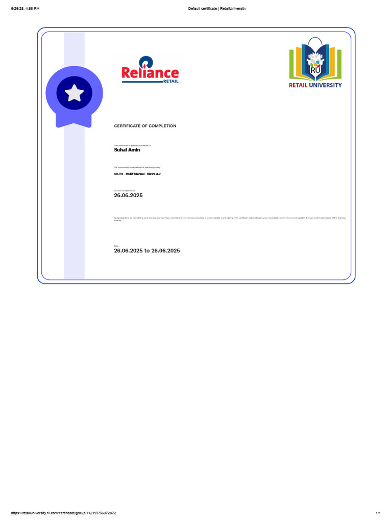 Certificate of Completion - Suhal Amin | PDF