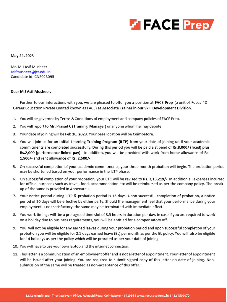 Job Offer Letter for Associate Trainer | PDF | Employment | Insurance