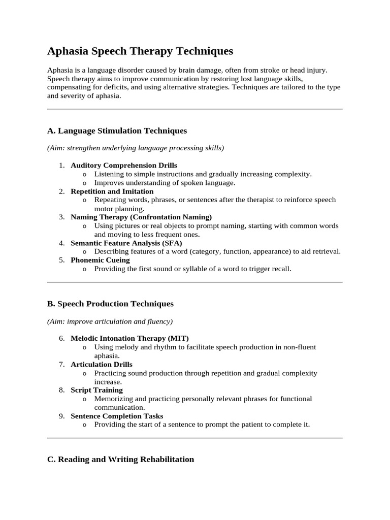 Aphasia Speech Therapy Techniques Guide | PDF | Aphasia | Speech