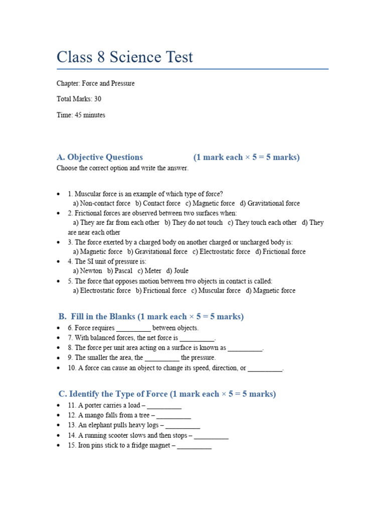Class 8 Force and Pressure Test | PDF
