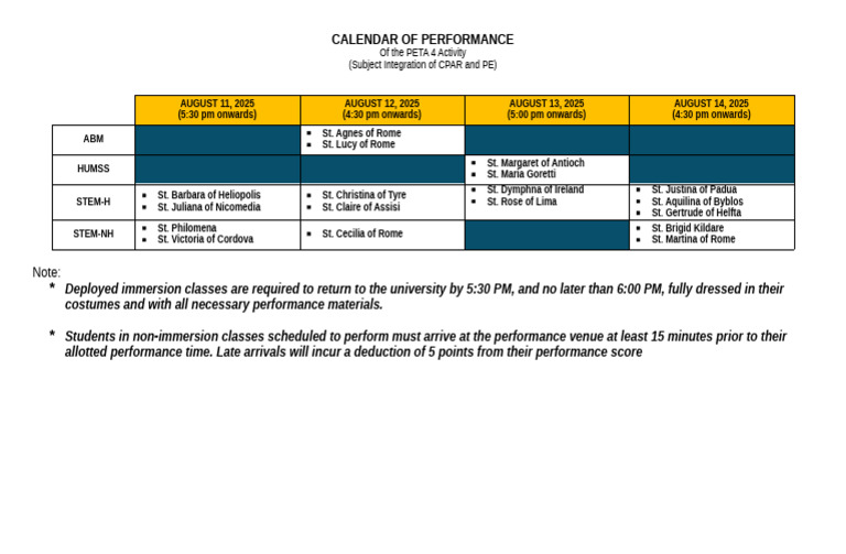 Calendar of Performance | PDF