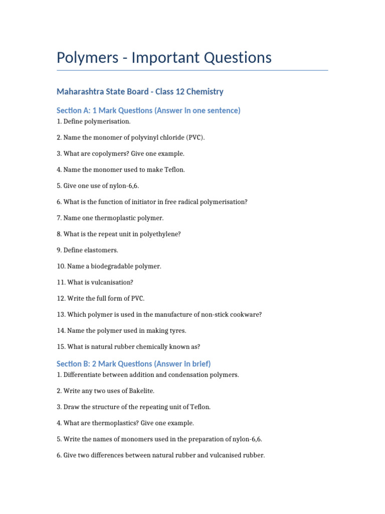 Important Questions on Polymer Chemistry | PDF | Polymers | Polymerization