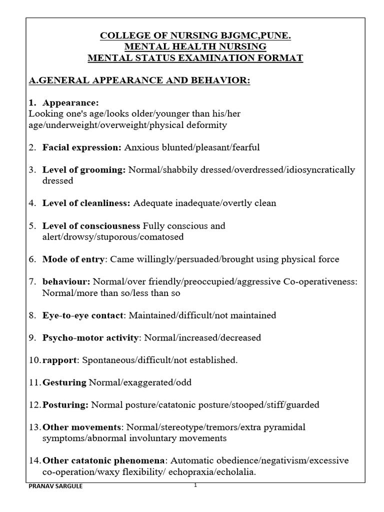 Mental Status Examination Format | PDF | Delusion | Human Diseases And ...