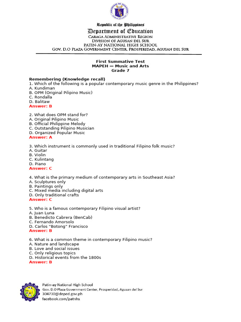 Grade 7 MAPEH Music and Arts Test | PDF | Philippines | Dances