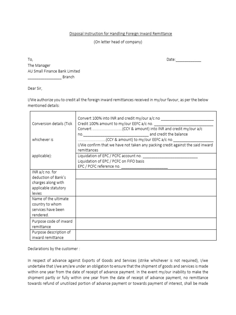 Foreign Inward Remittance Disposal Instructions | PDF | Receipt ...