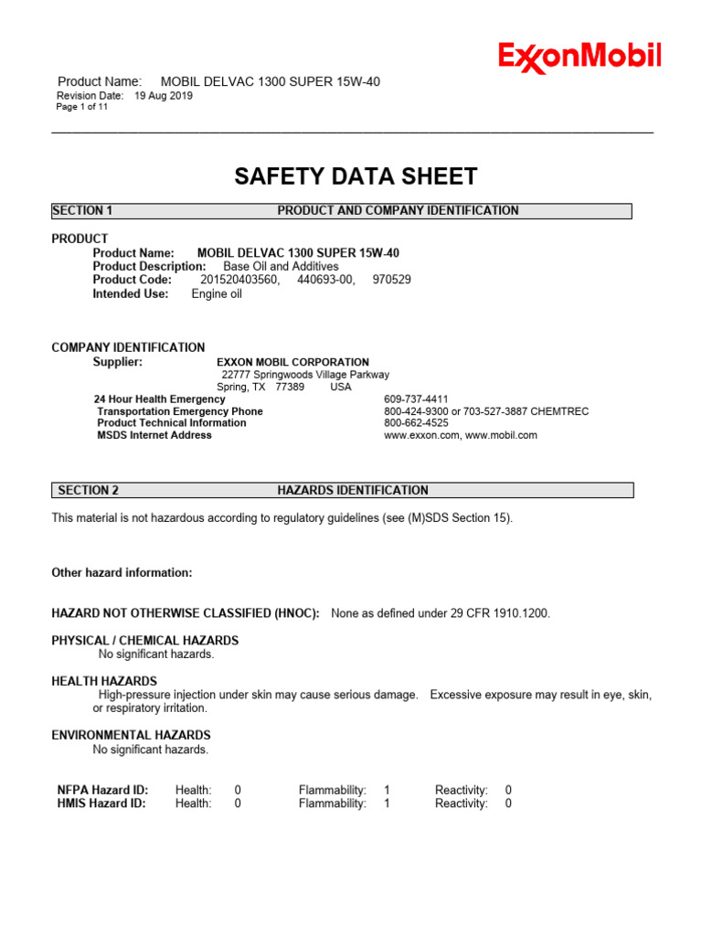 Mobil Delvac 1300 Super 15W-40 MSDS | PDF | Occupational Safety And ...