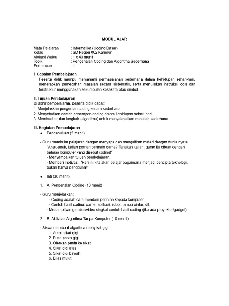 Modul Ajar Coding Kelas 6 SD | PDF
