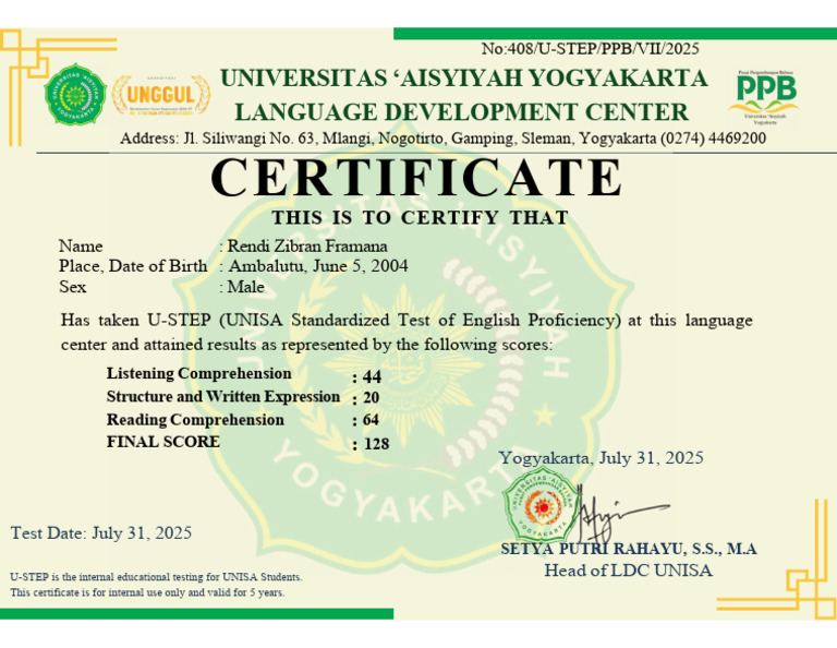U-STEP English Proficiency Certificate | PDF