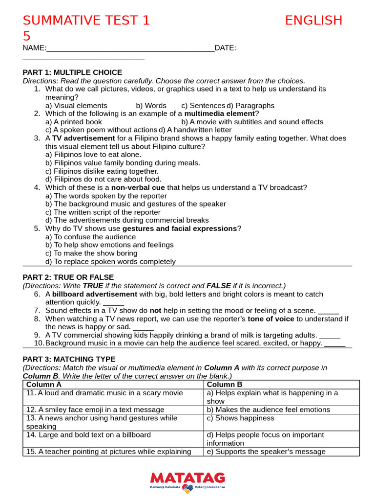 English Summative Test on Multimedia Elements | PDF | Advertising ...