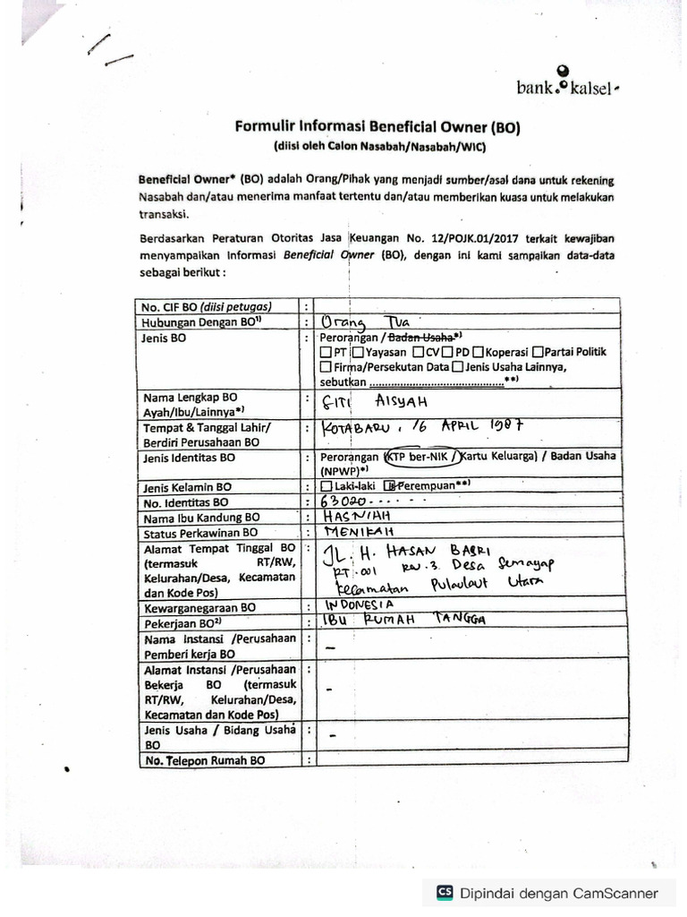 Contoh Formulir Informasi Beneficial Owner (BO) | PDF