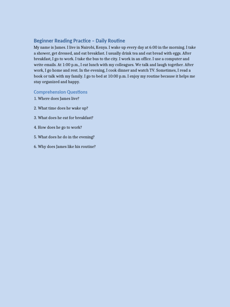 Daily Routine Reading for Beginners | PDF