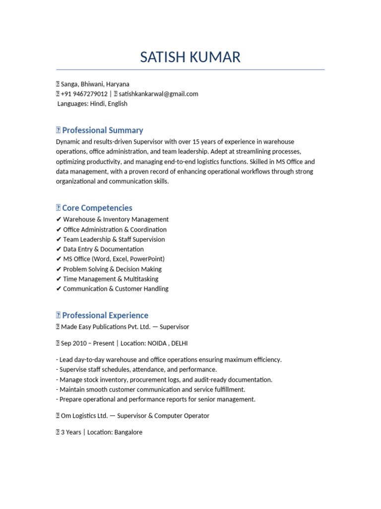 Satish - Kumar - Resume 2 | PDF | Logistics | Business