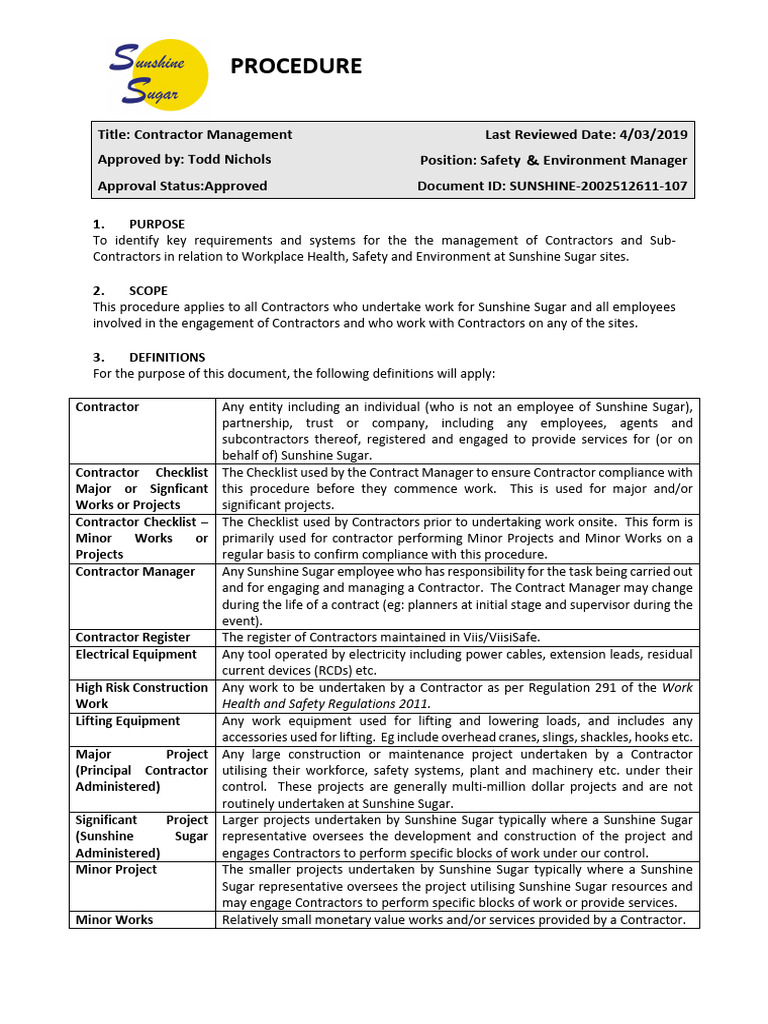 Contractor Management Procedures Guide | PDF | Occupational Safety And ...