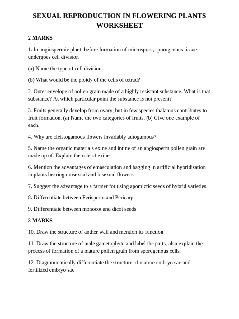 Sexual Reproduction in Flowering Plants Worksheet | PDF