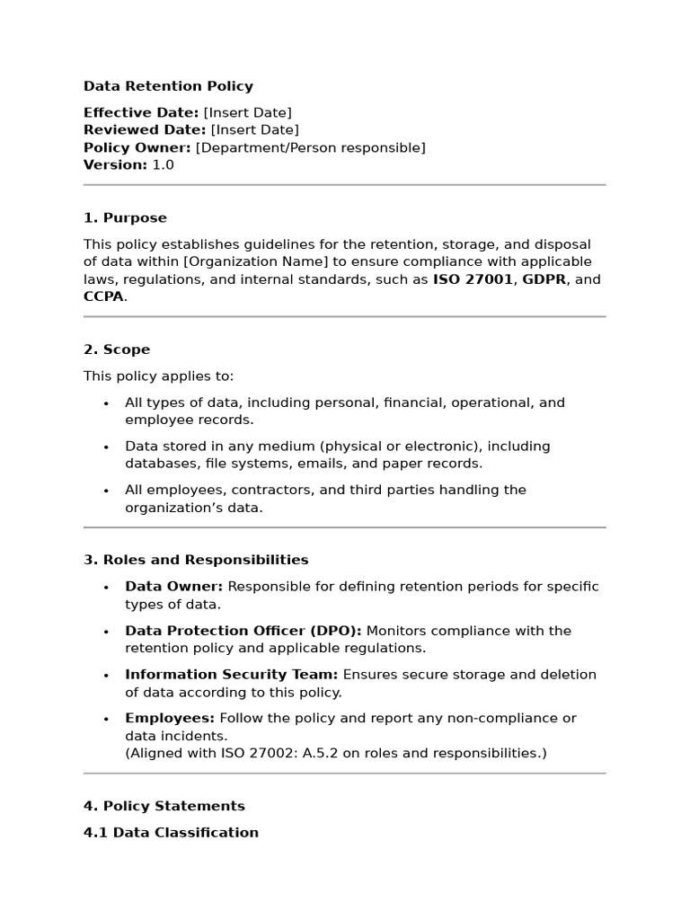 ISO 27001 Data Retention Policy Guide | PDF | Regulatory Compliance ...