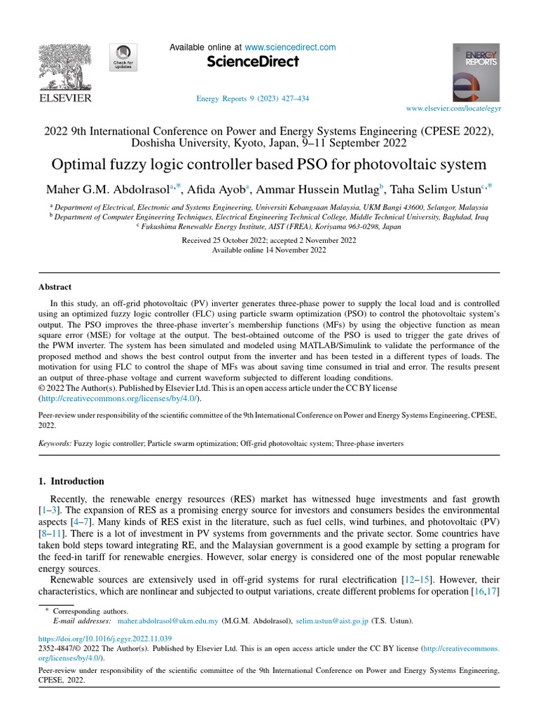 Optimal Fuzzy Logic Controller Based PSO For Photovoltaic System | PDF ...