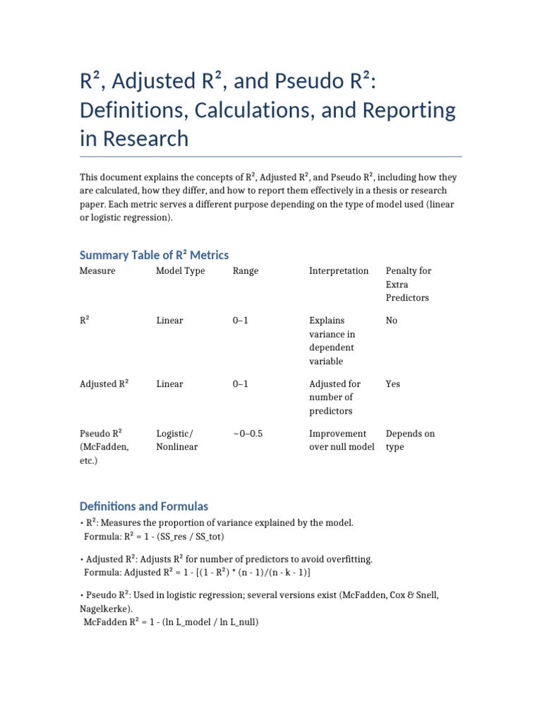 R2 AdjustedR2 PseudoR2 Explanation | PDF