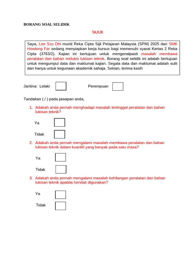 Borang Soal Selidik Reka Cipta SPM | PDF