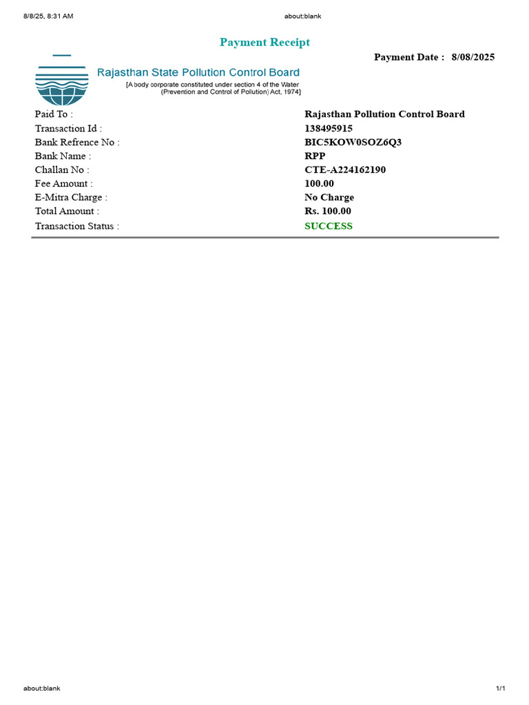 Payment Receipt for RPCB Fee | PDF