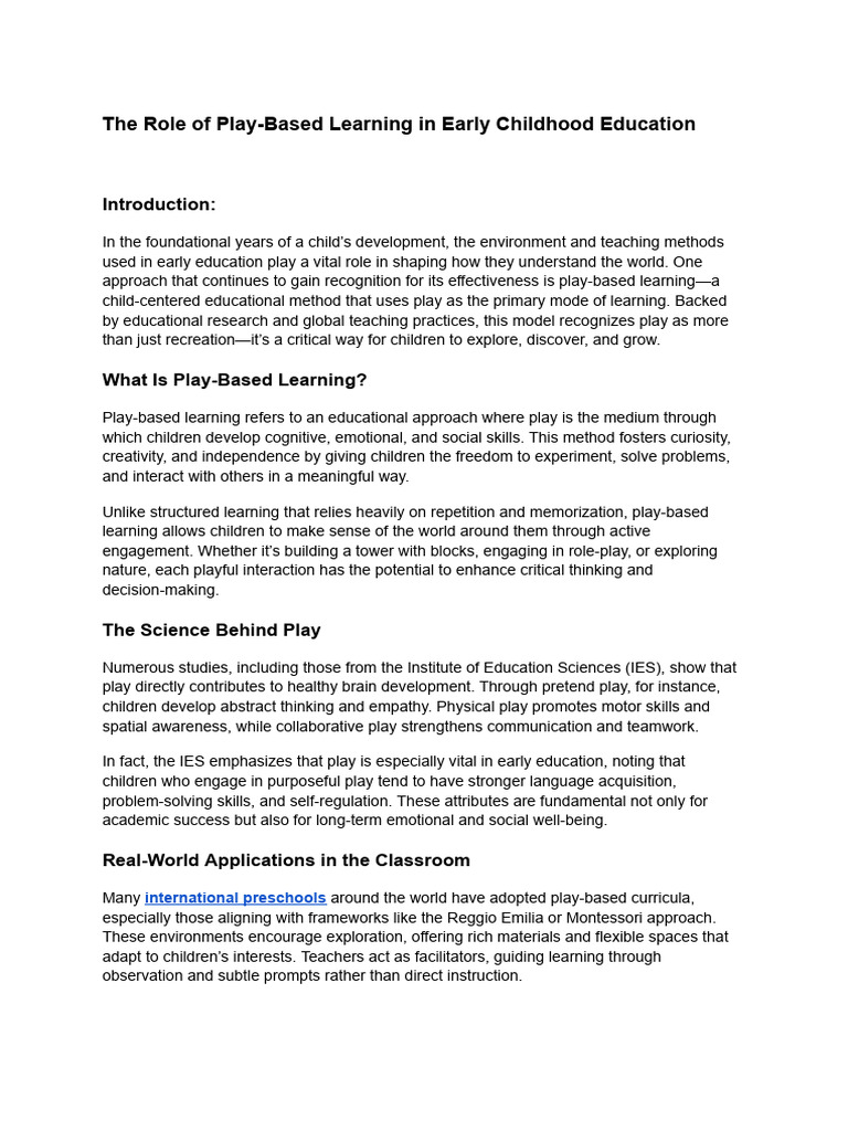 Play-Based Learning in Early Education | PDF | Learning | Cognitive Science
