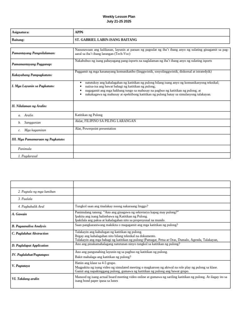 Banghay Aralin Sa App6 | PDF