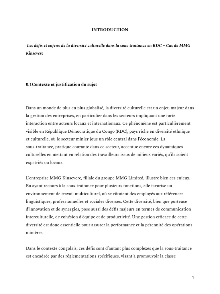 Diversité culturelle et sous-traitance en RDC | PDF | Psychologie ...