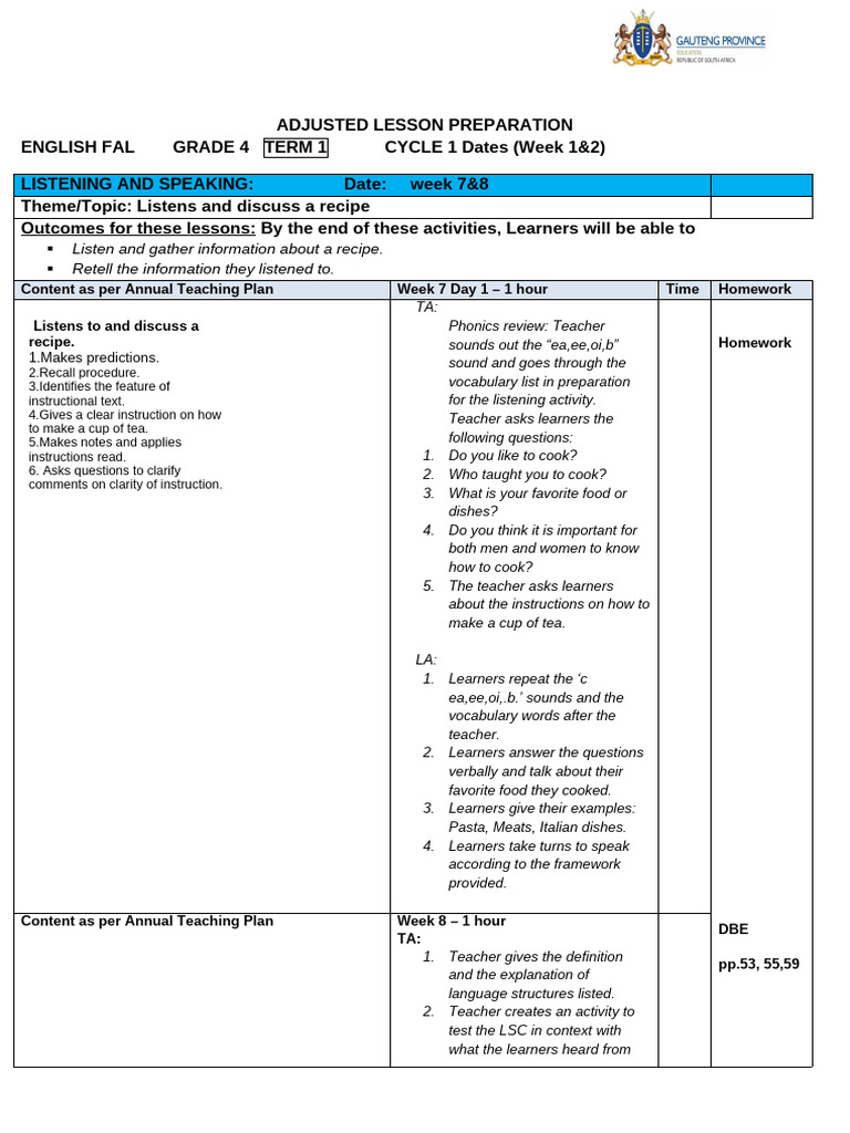 Grade 4 English Recipe Lesson Plan | PDF | Reading Comprehension ...