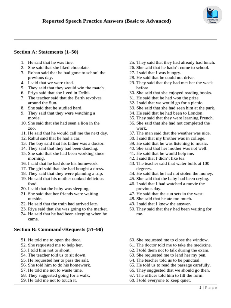 Reported Speech Practice Answers | PDF