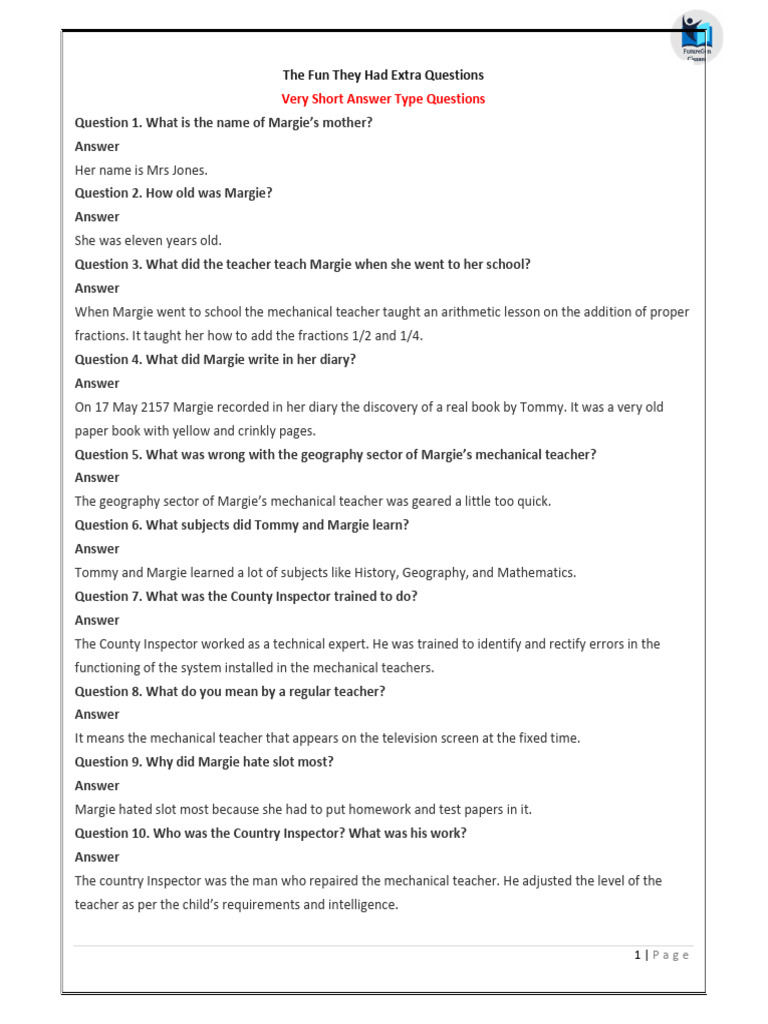 The Fun They Had Extra Questions | PDF | Books | Teachers