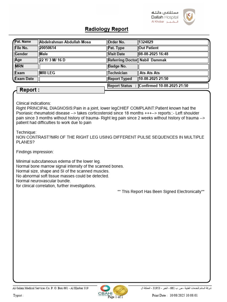 MRI Report: Right Leg Findings | PDF