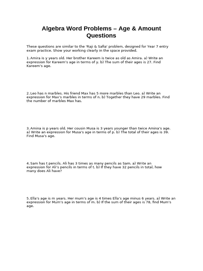 Algebra Age Word Problems for Year 7 | PDF