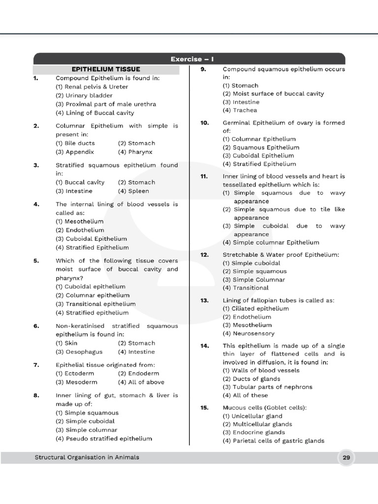 NEET XI MCQs CH 7 Structural Organisation in Animals | PDF