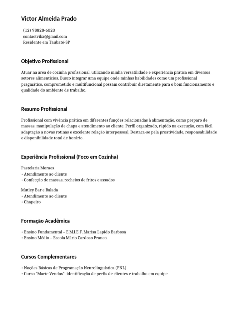 Profissional de Cozinha em Taubaté-SP | PDF