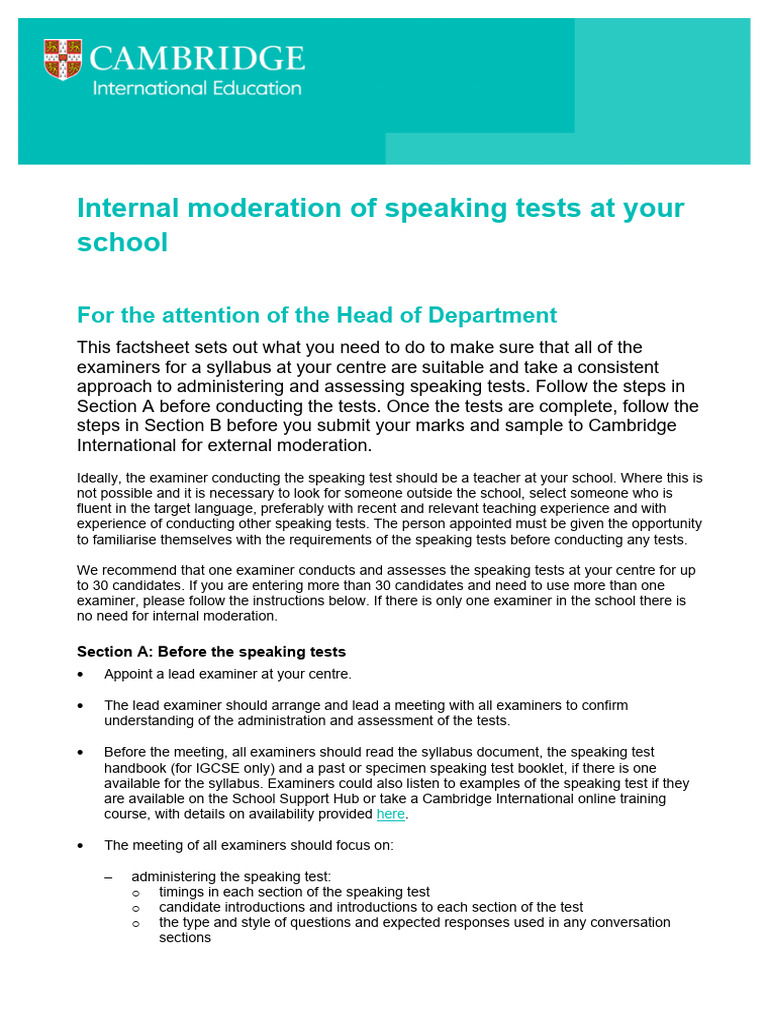 Internal Moderation for Speaking Tests | PDF