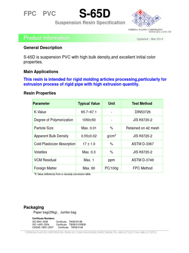 S-65D PVC Resin Specification Sheet | PDF
