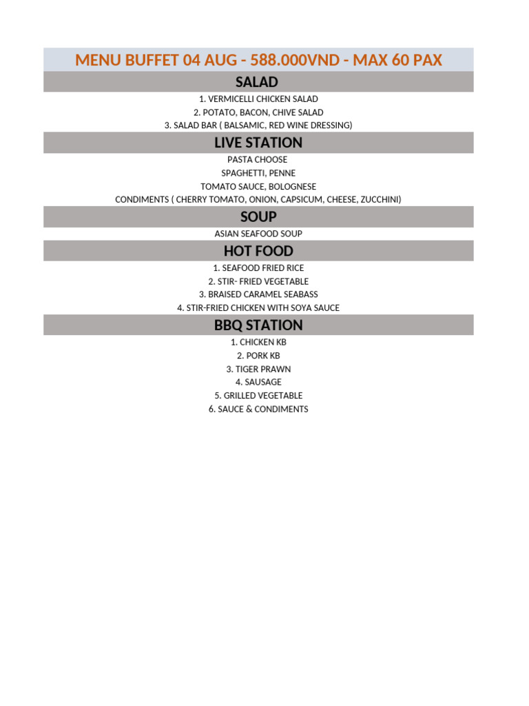 Buffet Menu for 60 Pax - 04 Aug | PDF