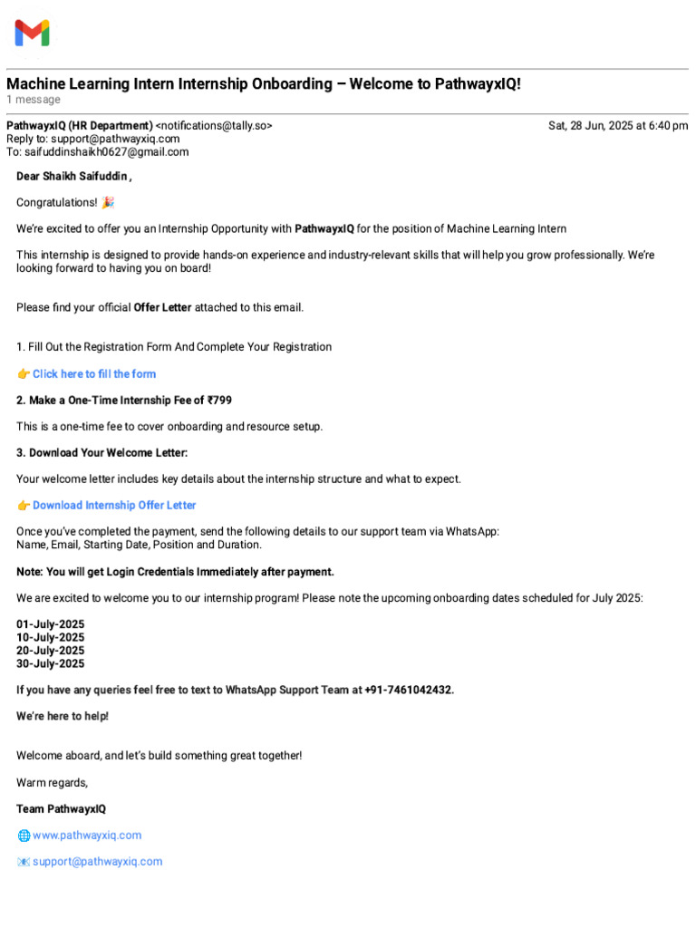 Gmail - Machine Learning Intern Internship Onboarding - Welcome To ...