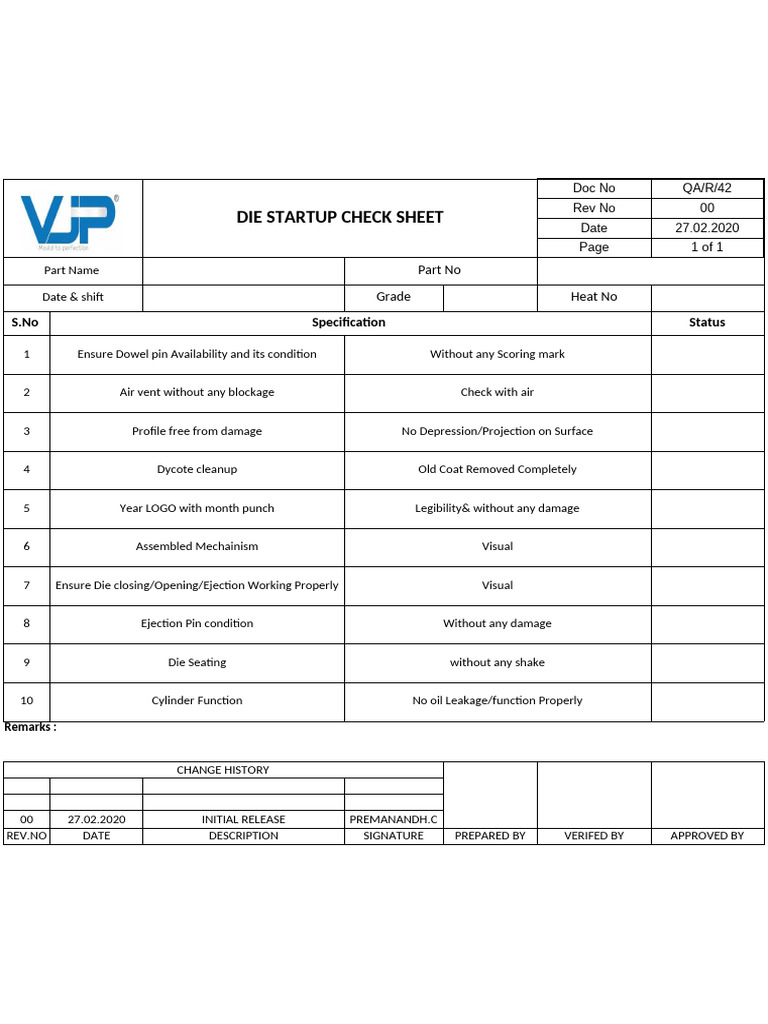 QA-R-42 Die Start Up Check Sheet | PDF