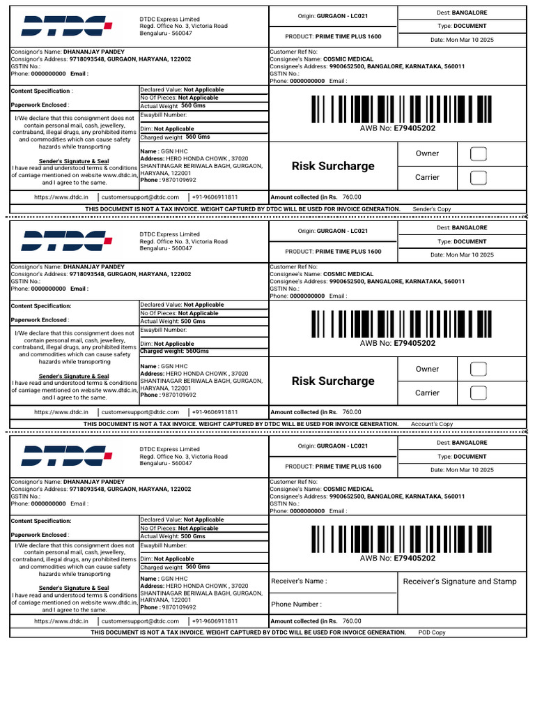 DTDC Consignment Details for Cosmic Medical | PDF | Mail