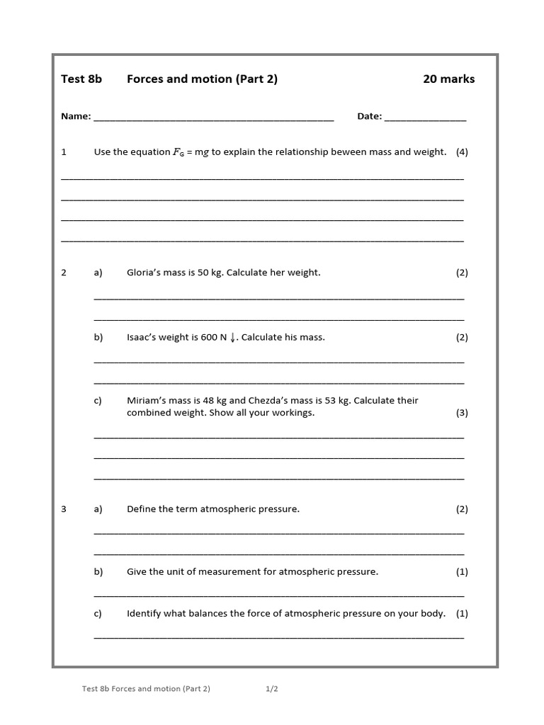 Forces and Motion Test 8b | PDF | Weight | Force